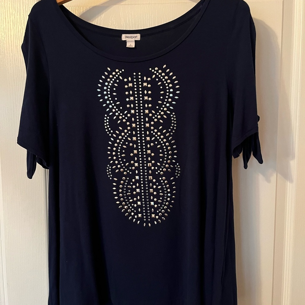 Navy top with silver embellishment and cut out tied sleeves